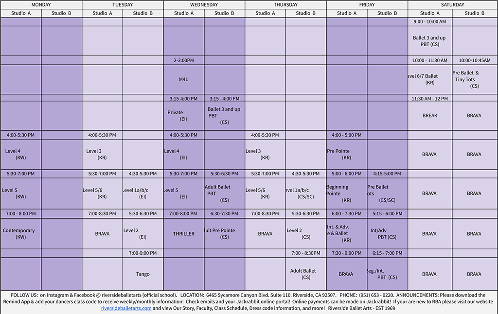 Riverside Ballet Arts Fall 2025 Schedule