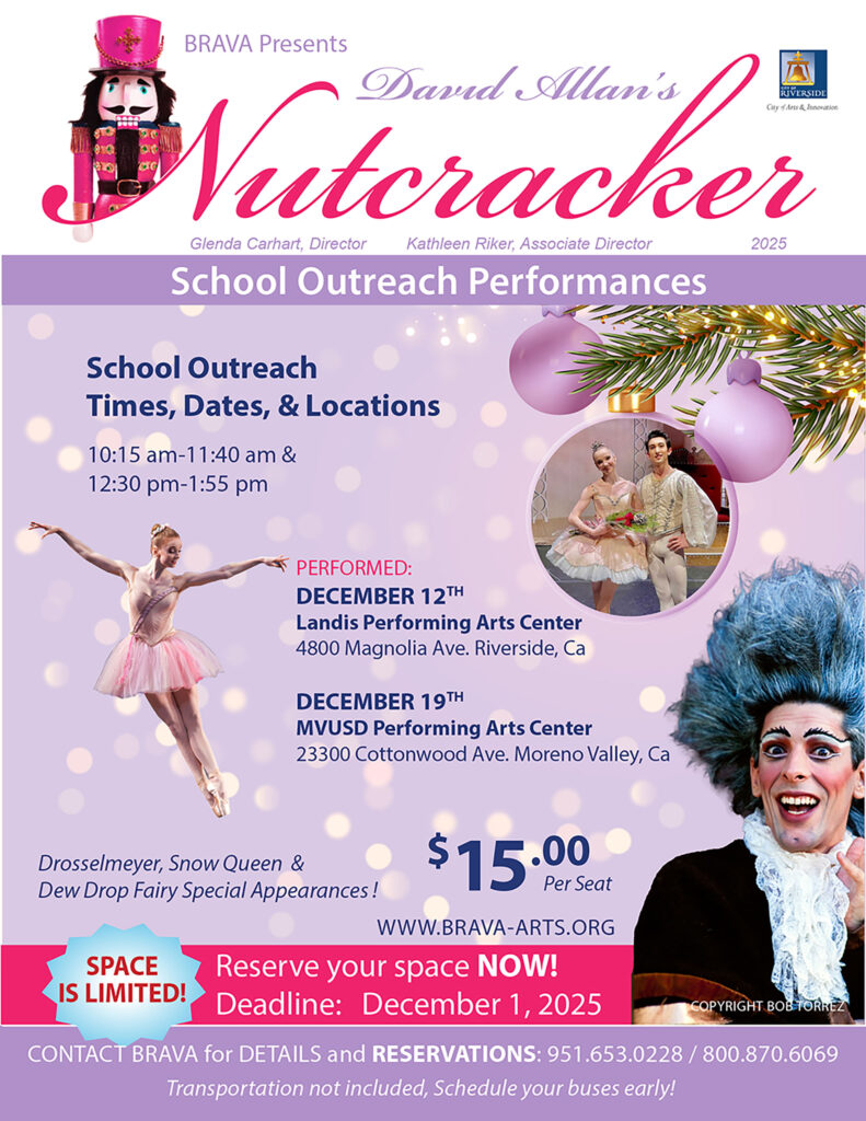 Flyer with information about December 12th and 19th school outreach perfomances